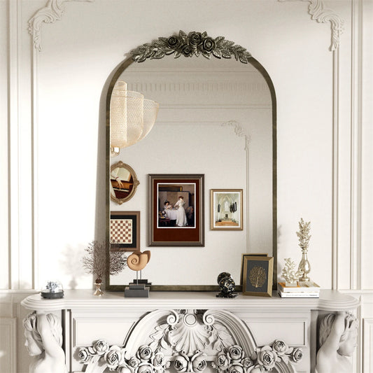 Antique Wall Mirror Vintage Baroque Arched Brass Mirror with Flower Relief Metal Edge Frame Decor for Entryway Hall Bathroom