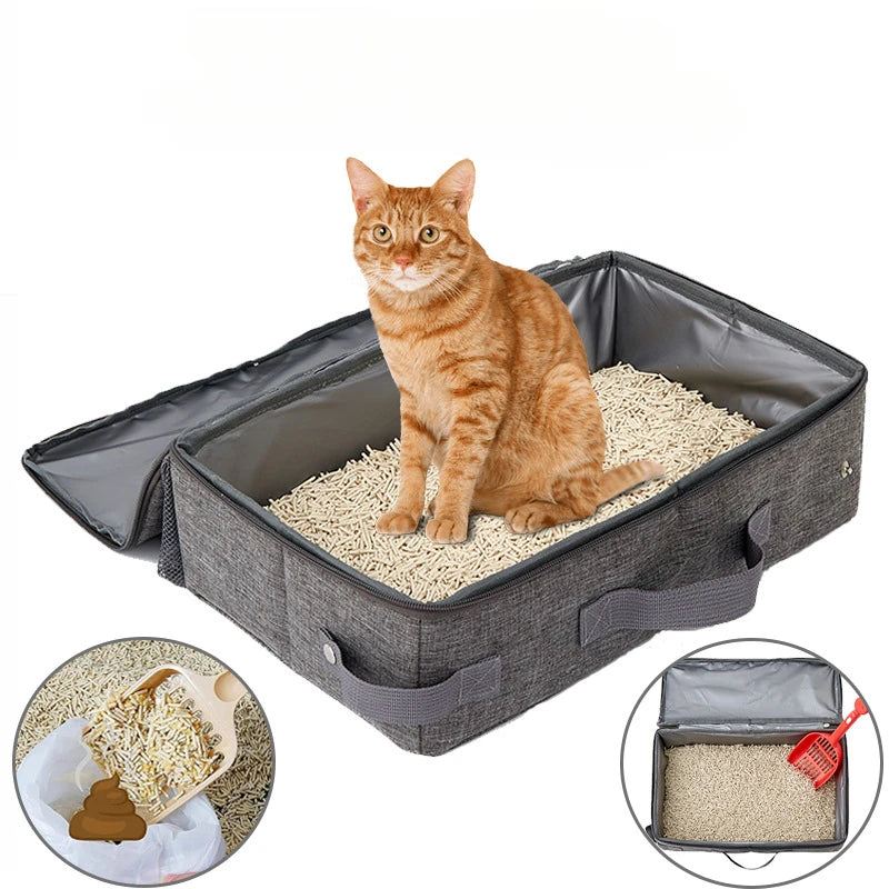 Foldable Travel Litter Box for Cats - Waterproof Portable Potty Tray with Bag-Compatible Design, Leak-Proof Collapsible Toilet