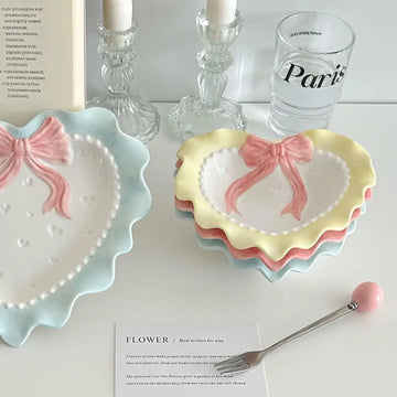 Ins Ceramic Dinner Plate Love Bow Jewelry Display Tray Wavy Edge Breakfast Plate Home Decor Photography Props