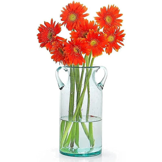 decorative glass vase 11" tall, bubble air flower vase with handles, handblown jug vase for dining room, bedroom, bathroom, man