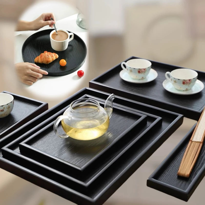 Black Wooden Tray Rectangular Solid Wood Flat Tray Restaurant Dessert Coffee Tray Household Tea Tray Trays Decorative