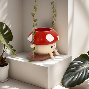 Hanging Succulent Planter Pot Cute Fun Mushroom Swing Face Planter Pot Resin Cartoon Mushroom Vase for Indoor Outdoor Plant