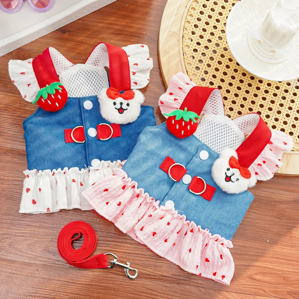 Cute Strawberry Heart Puppy Dress with Leash Beautiful Cat Dog Skirt Vest Sweet Pet Suspenders Doggies Dresses Harness in Summer
