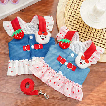 Cute Strawberry Heart Puppy Dress with Leash Beautiful Cat Dog Skirt Vest Sweet Pet Suspenders Doggies Dresses Harness in Summer