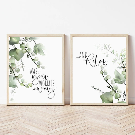 Bathroom Poster HD Print Canvas Painting Botanical Tropical Leaves Wash Your Worries Away And Relax Quote Wall Art Picture Decor