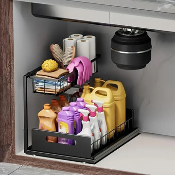 2-Tier Sliding Under Sink Shelf Pull-Out Cabinet Organizer Durable Metal Storage Rack for Kitchen Bathroom Storage Solutions