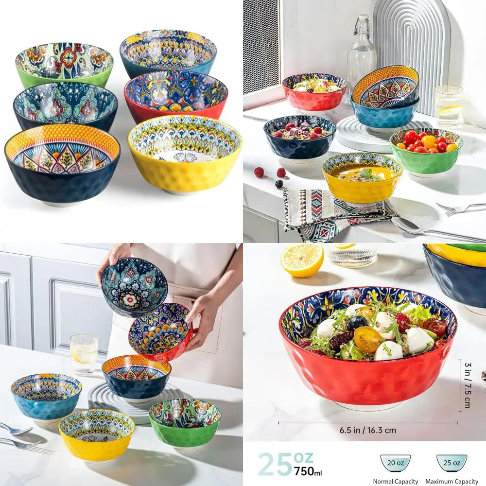 ceramic cereal, soup bowls set of 6-25 oz porcelain serving bowls for dinner, pasta, salad, oatmeal, microwave & dishware safe