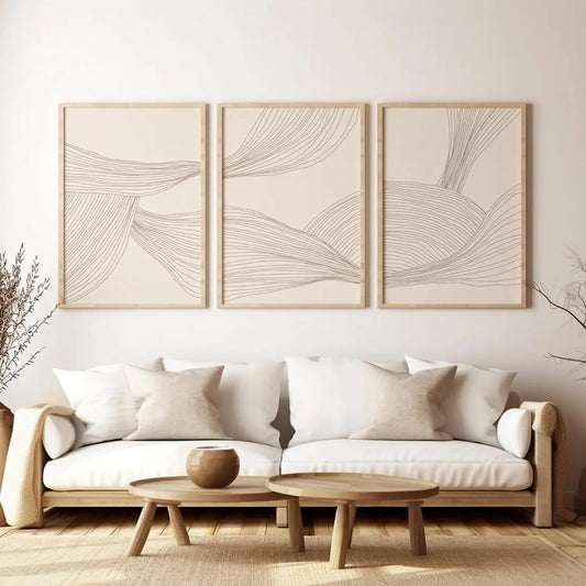 3 Pcs/Set Modern Abstract Wall Arts Beige Bohemian Canvas Mid-Century Piece Posters Geometric Line Printed Painting, No Frame