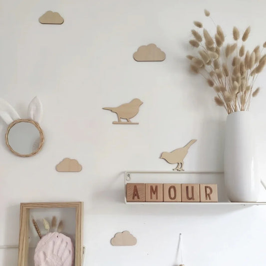 Cute DIY Wall Stickers Flowers Self-adhesive Wooden Stickers Wall Ornaments Clouds 3D Wall Stickers Kids Room Decoration