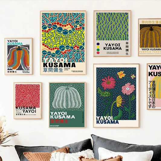 Yayoi Kusama Art Exhibition Pumpkin Flower Wall Art Poster Prints Abstract Canvas Painting Picture for Modern Room Home Decor