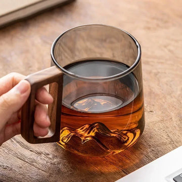 Guanshan Glass Single-layer Side Wooden Handle Drinking Cups Household Large-capacity Milk Tea Juice Single-layer Glassware