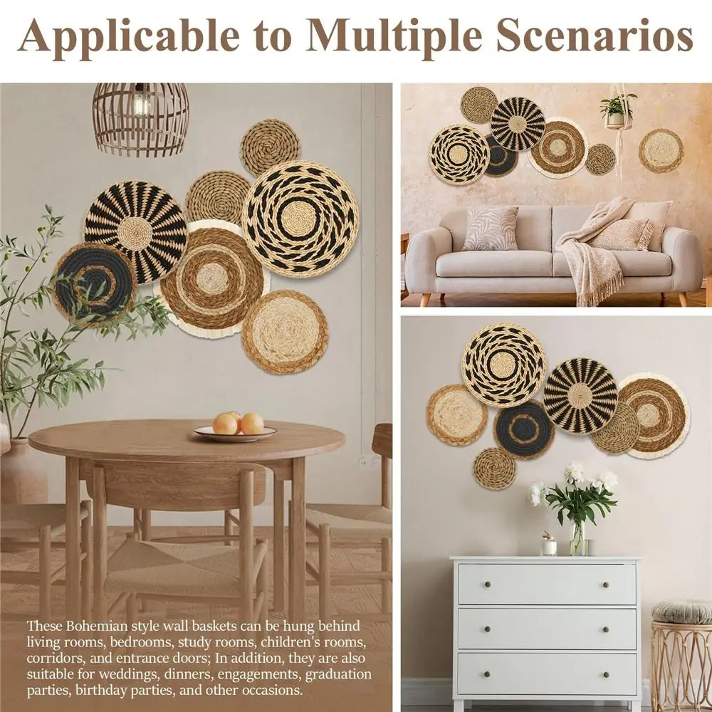 7PCS Boho Wall Baskets Round Shape Rattan Wicker Handmade Wall Art Room Decor Seagrass Hanging Wall Basket