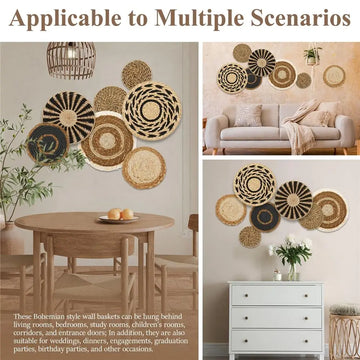 7PCS Boho Wall Baskets Round Shape Rattan Wicker Handmade Wall Art Room Decor Seagrass Hanging Wall Basket