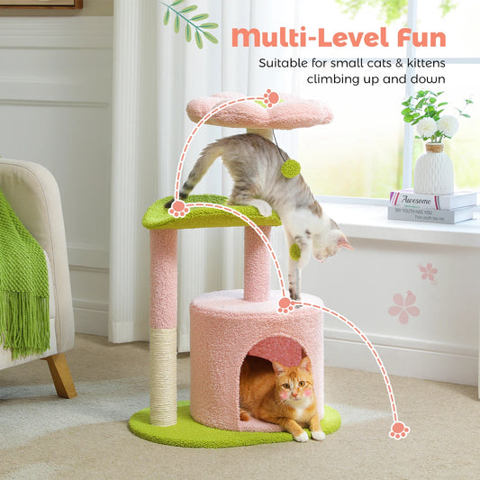 Flower Cat Tree for Indoor Cats, Small Cat Tower with Sisal Scratching Post, Soft Condo, Plush Perches, Fluffy Balls, Cat Toys