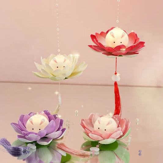 DIY Handmade Mid-Autumn Festival Lantern Glowing Lotus Rabbit Lamp Handheld Cute Holiday Decoration Mini Children Gifts