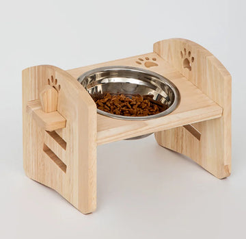 Adjustable Height Wooden Cat Bowl Stand - Anti-Slip Stainless Steel Pet Food Dish Holder for Dogs & Cats, Tilted Design
