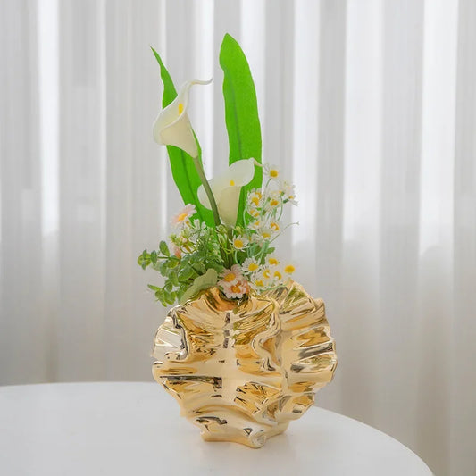 European Style Electroplated Ceramic Vase Light Luxury Gold Hydroponic Dry Flower Planter Home Decoration Ornament Handicraft