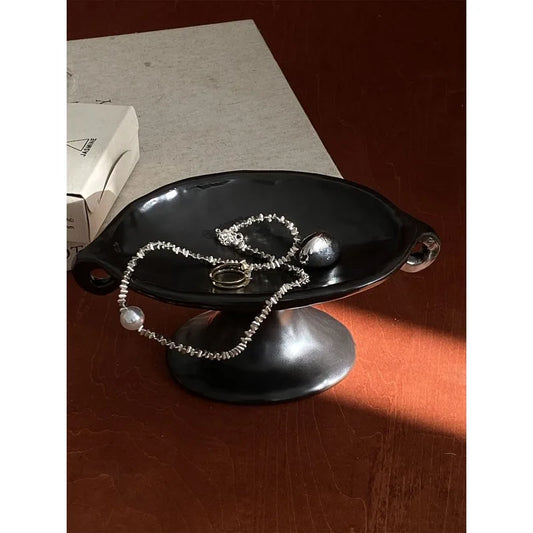 Creative Retro Tall Ceramic Storage Plate Handmade Double -ear Decoration French Niche Alien Disk Tibetan Jewelry Dish Frutero
