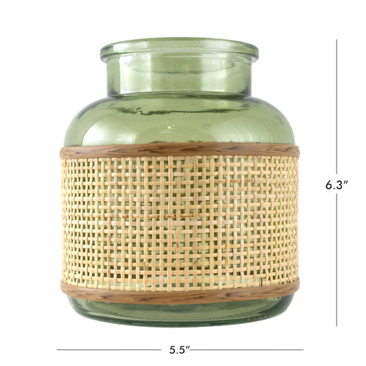 6 Inches Green Translucent Glass Indoor Tabletop Vase with Natural Rattan Caning Wrap