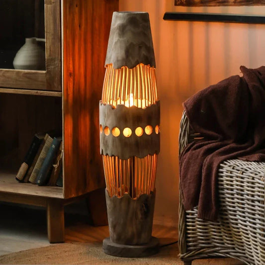 Wabi sabi Handmade wood Floor Lamp retro Hollow hemp rope lamp for Living Room Ambient Light Bedroom Boho Rustic Standing lamp