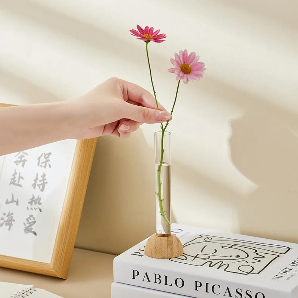Plastic Test Tube Clear Vase with Bamboo Base Space-Saving Transparent Hydroponic Vase Tabletop Decoration Plants Flower Pot
