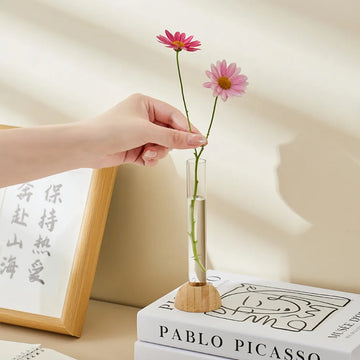 Plastic Test Tube Clear Vase with Bamboo Base Space-Saving Transparent Hydroponic Vase Tabletop Decoration Plants Flower Pot