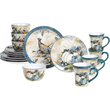 4-Person Autumn-Themed Ceramic Dinnerware Set: Assorted Fall-Colored Plates, Bowls, and Mugs Featuring Pumpkins and Pheasants
