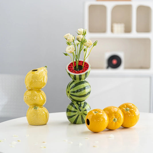Ceramic Vase Orange Lemon Watermelon Fruit Fresh Flower Tabletop Centerpiece Home Living Room Office Decoration Desktop