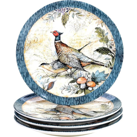 4-Person Autumn-Themed Ceramic Dinnerware Set: Assorted Fall-Colored Plates, Bowls, and Mugs Featuring Pumpkins and Pheasants