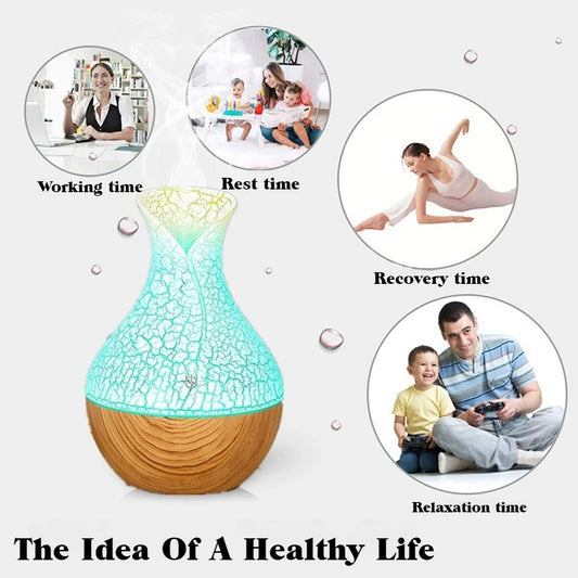 7-Color LED Wood Grain Humidifier Vase, 200ML Silent Aromatherapy Diffuser for Home, Office, and Indoor Use