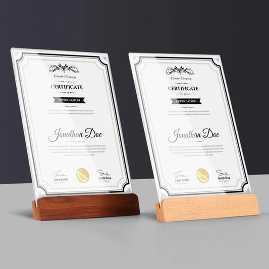 Acrylic Photo Frame Holder Transparent A4/A5/A6 Picture Certificate Camp Poster Display Stand Wooden Base Postcard Price Tag
