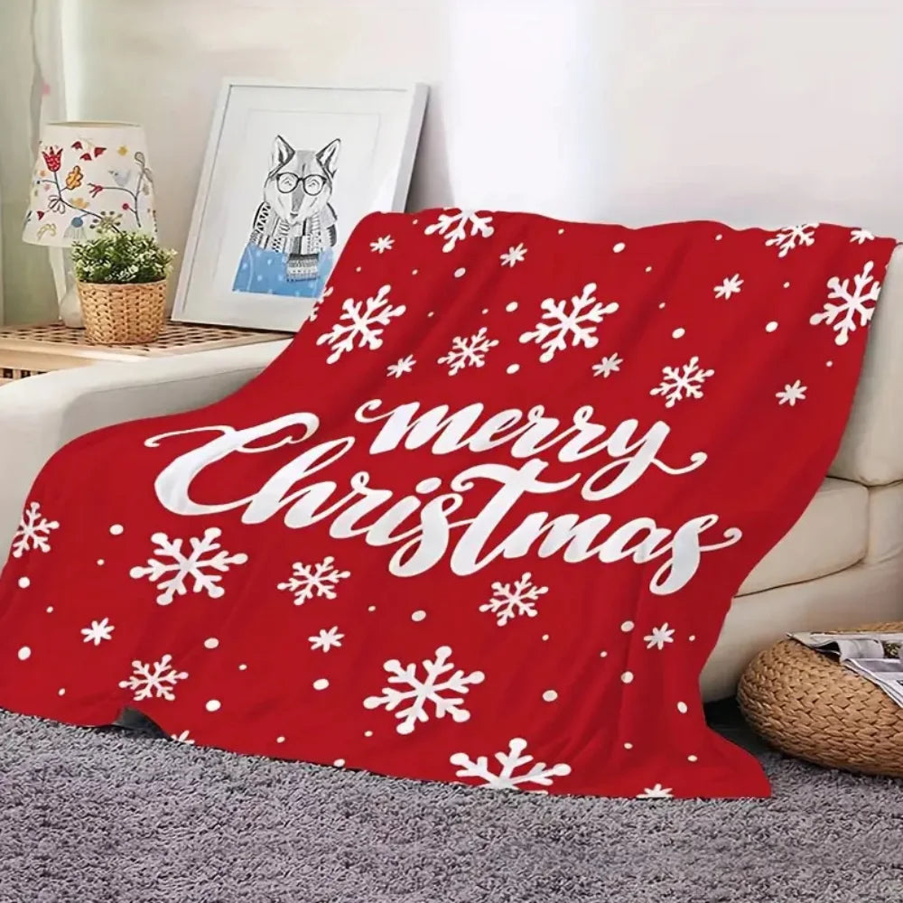 1pc Cozy Red & White Merry Christmas Snowflake Flannel Blanket - Soft Tear, Christma Throw Blanket