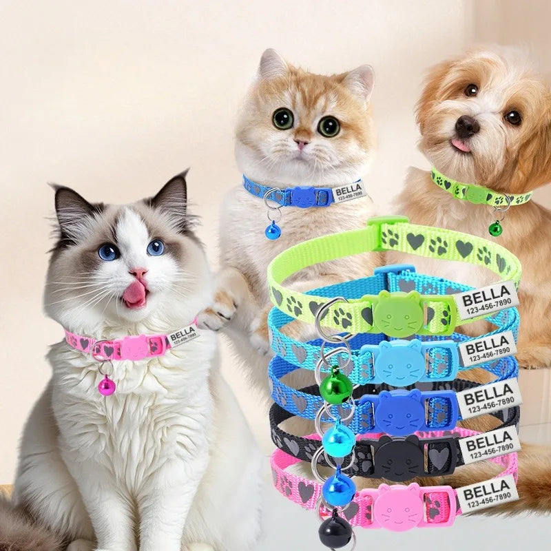 Free Customized Reflective Paw Heart moon Cat Safety Buckle Collar Adjustable Personalized ID tag Nylon Puppy Kittens Necklace
