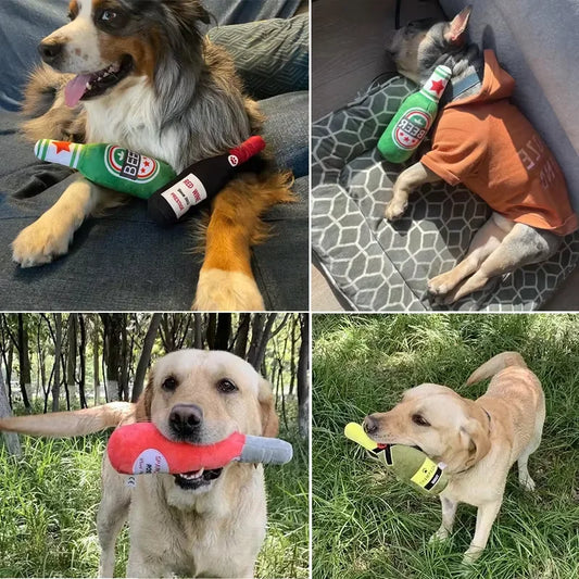 1/2/4pcs Funny Plush Dog Toys Beer Bottle Shaped Small Large Dogs Squeak Sound Clean Teeth Chew Toy Pets Interactive Playing