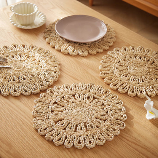 Macrame Table Decor Handmade Boho Placemats Set Natural Corn Cusk Straw Woven Combination Table Mats for Dining Table Kitchen
