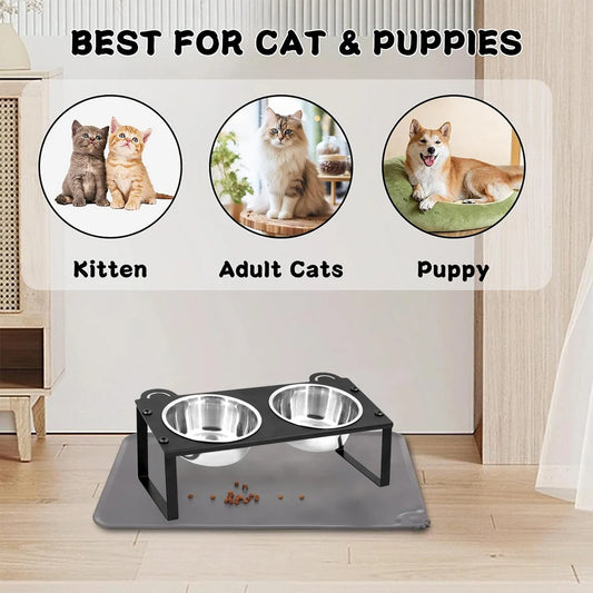 Cat 2 Bowls In 1 Feeder Feeding and Watering Supplies Elevated Dog Bowls with Stand 2 Stainless Steel Bowls for Cats and Puppy