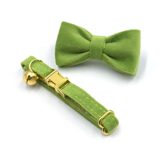 Matcha Green Thicken Velvet Pet Collar for Cats Personalized Name Cat Collar with Metal Bukcles Adjustable Cute Bow Puppy Collar