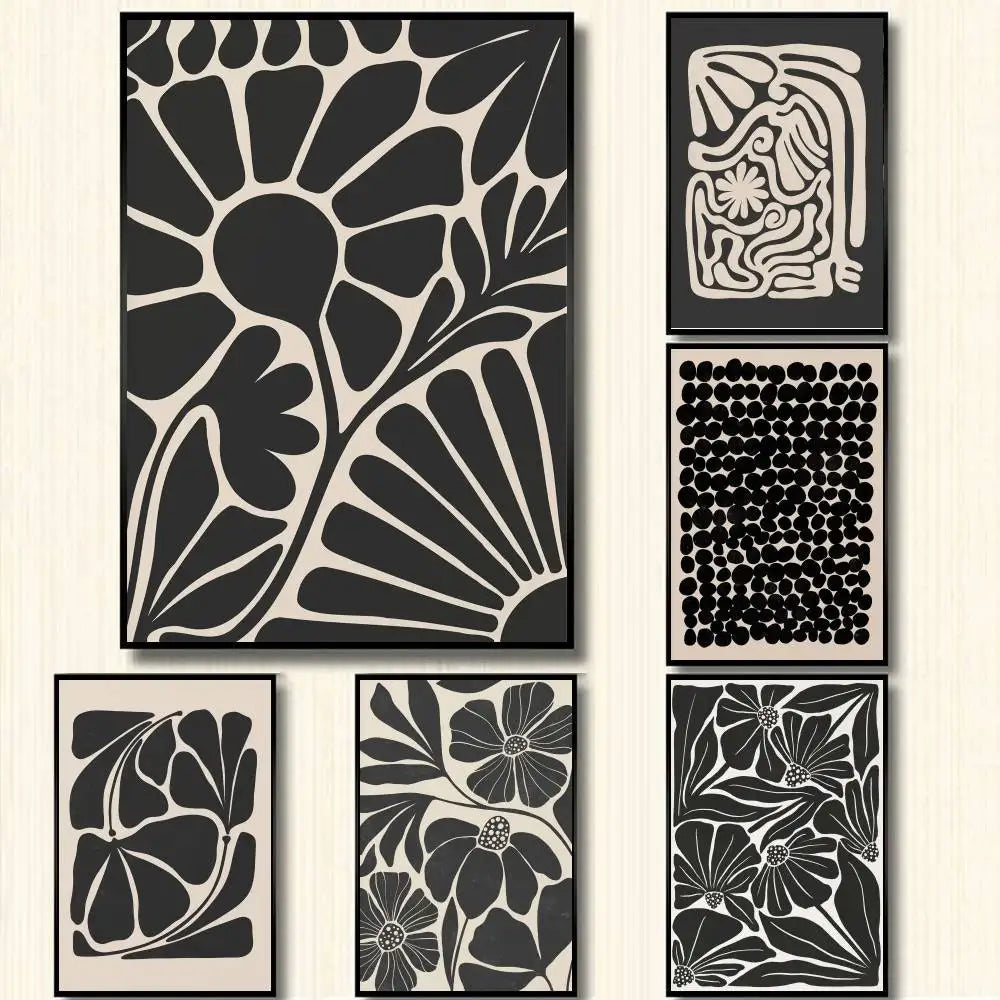 Mid Century Neutral Beige Black Abstract Plant Botanical Flower Poster HD Prints Art Picture Modern Home Room Decor Gifts