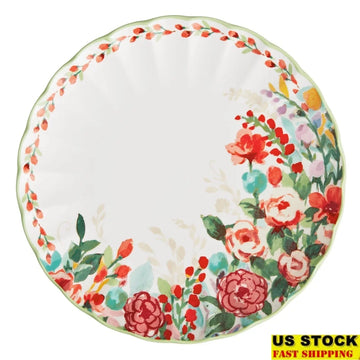 Green Ceramic Dinner Plate Vintage Floral Design Durable Stoneware Round Dish Perfect Dining Entertaining Dishwasher Safe Family