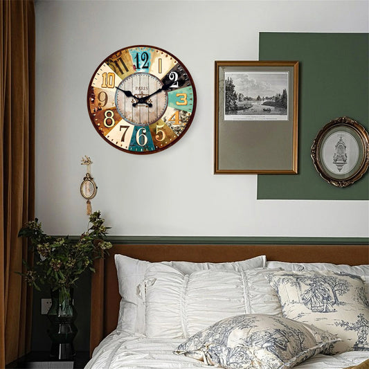 Retro Mediterranean Wooden Wall Clock Living Room Bedroom Kitchen Home Decoration Wall Clock Silent Quartz Clock Holiday Gift 10 Inches 12 Inches 14 Inches 16inch (Without Batteries)
