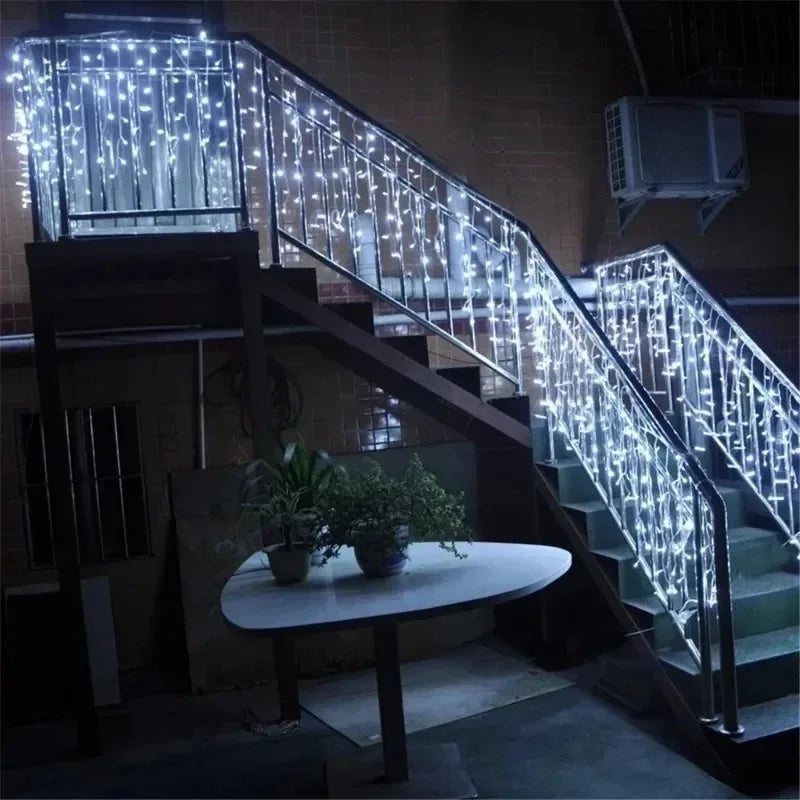 2025 LED Icicle String Lights EU Plug Garland Droop Light Pathway Wedding Garden Street Outdoor Christmas Halloween Decoration