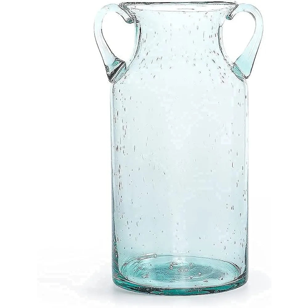 decorative glass vase 11" tall, bubble air flower vase with handles, handblown jug vase for dining room, bedroom, bathroom, man