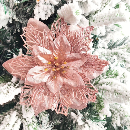 Artificial Three-Layer Hollow Christmas Flowers with Golden Powder, Christmas Decorations, Holiday Accessories, Christmas Trees