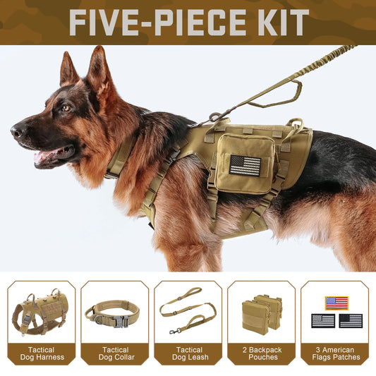 5pcs/set Military Tactical Dog Harness Collar Leash with Pouches Flags Durable Dogs Training Harnesses Collar Leash Free Patches