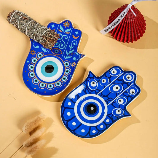 Hamsa Evil Eye Hand of Fatima Holder,Jewelry Tray, Ring Dish,Decorative White Ceramic Ring Tray for Jewelry, Key Bowl, Friends S