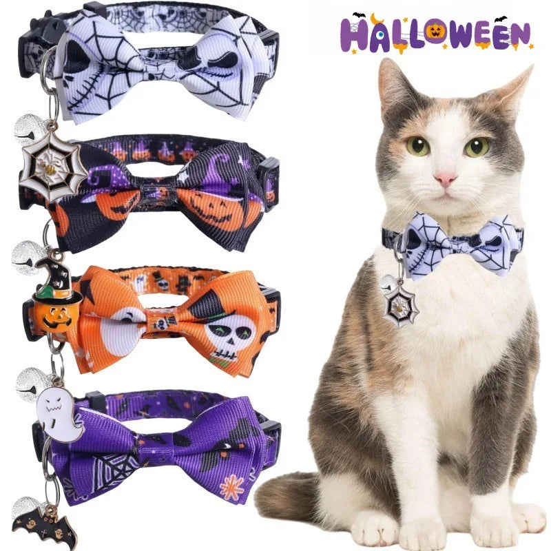 4Pcs Halloween Cats Bow Tie Collar Adjustable Breakaway Kitten Collar with Bell Halloween Party Collar Decoration for Cat Puppy