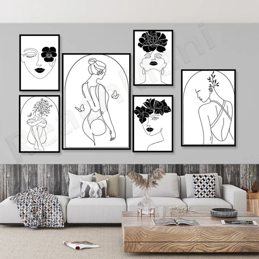 Feminine line art, body line black and white boho wall art feminism gift, female body aesthetics wall art decor poster,
