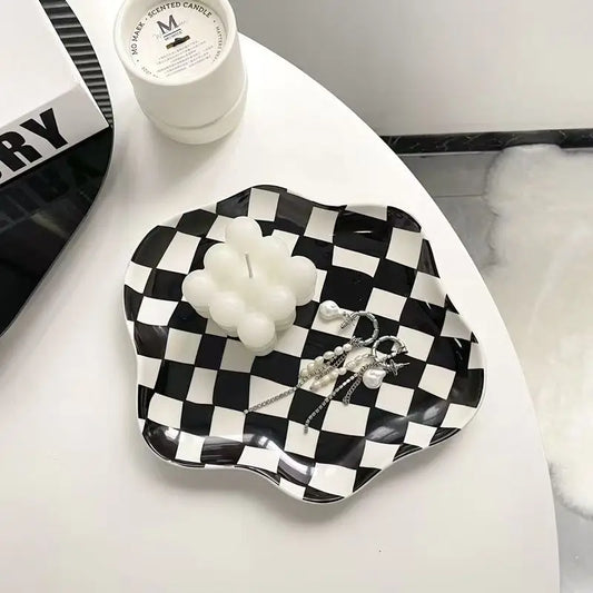 New Checkerboard Ceramic Plate Jewelry Storage Plate Tableware Dessert Plate Dessert plate Home Decoration Retro DinnerPlate