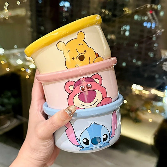 Cute Cartoon Anime Peripheral Stitch Household Ceramic Rice Bowl Cute Cartoon Winnie The Pooh Children'S Tableware Spoon Set Gif
