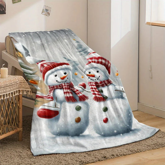 1pc Cozy Christmas Snowman Flannel Throw Blanket - Lightweight, All-Season Knit Fleece for Sofa, Bed, Travel - Soft Polyester